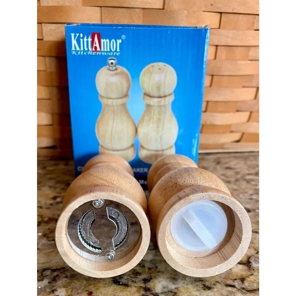 KittAmor Wooden Salt and Pepper Shakers 4” - Natural Wood